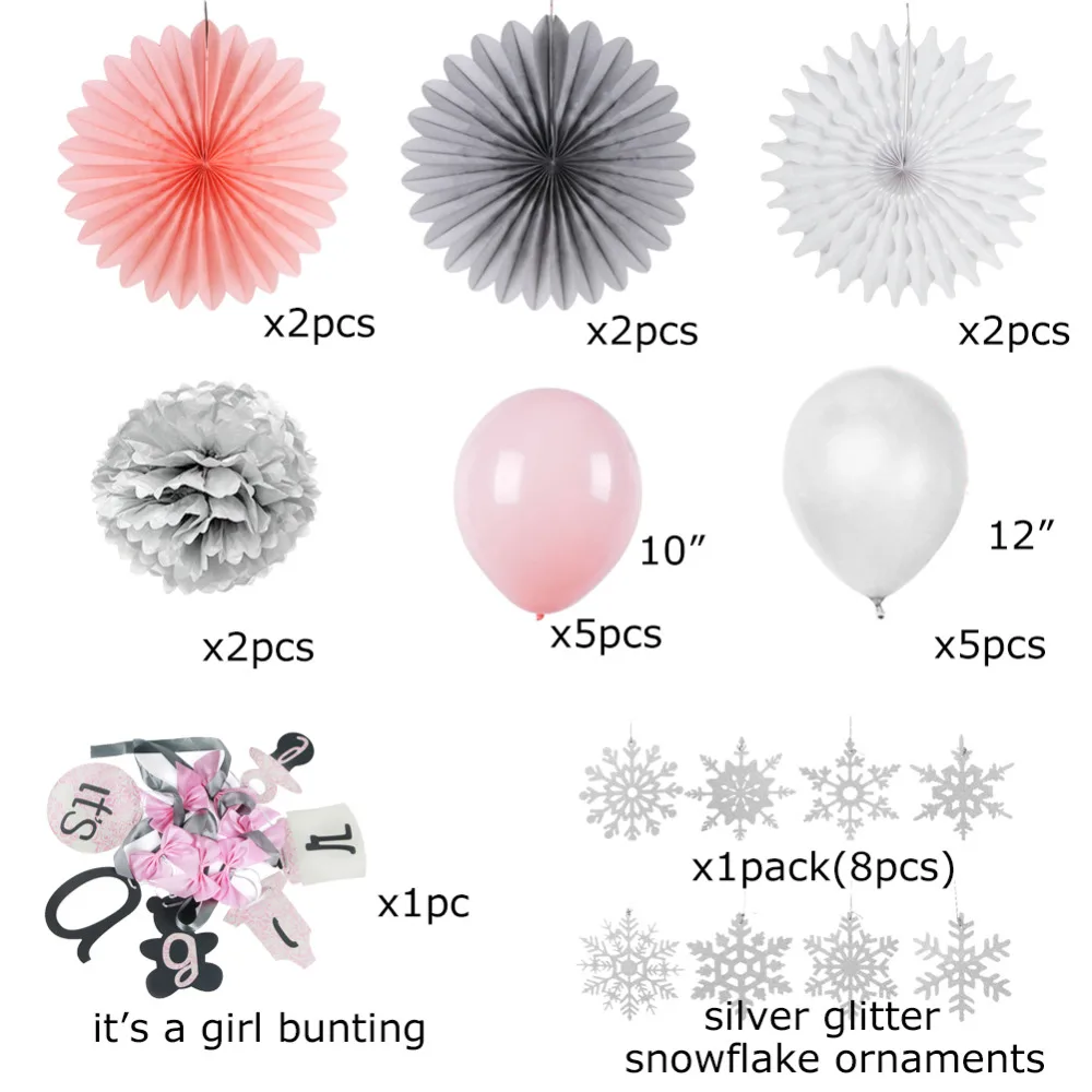 

Snowflake Paper Decoration Set Balloons Paper Fans Happy Birthday Banner Let it Snow First Birthday Party Baby Shower Winter