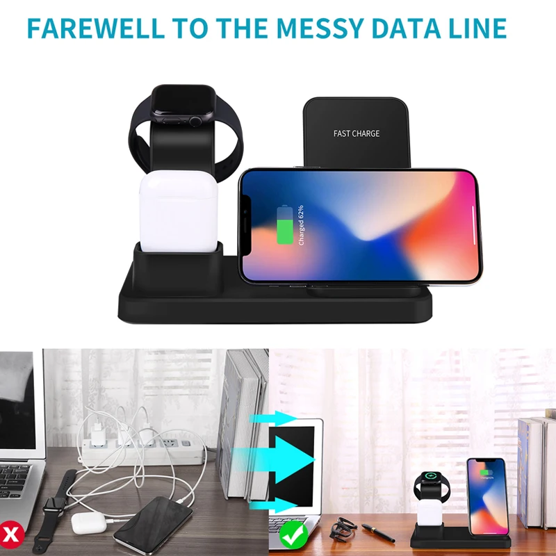Беспроводное зарядное устройство 3 в 1 10 Вт подставка для Apple Watch 4/3/2/1 AirPods iPhone X Xs Max