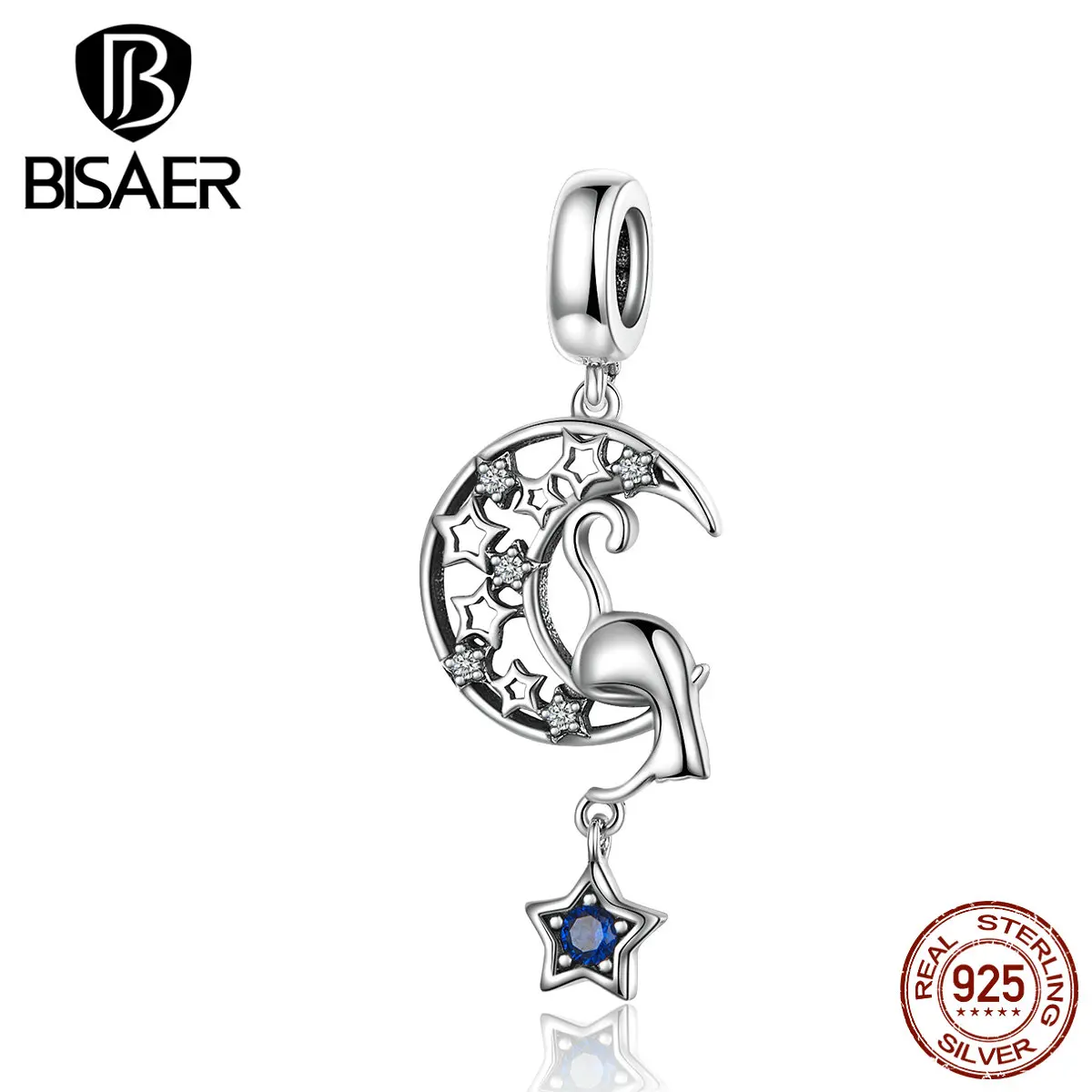 BISAER кошка и Луна Сказка 925 пробы серебро Луна Форма кошка звезда кулон талисманы подходят бусины браслеты DIY Ювелирные изделия ECC1205