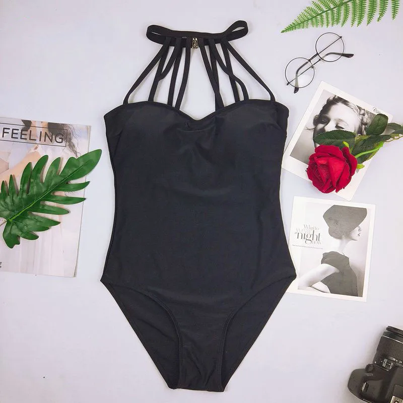 Купальник женский винтажный черный цельный для пляжа 2020|Комбинезоны| |