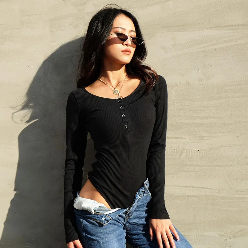 Глубокий V шеи кнопку боди Для женщин Slim Fit комбинезон сексуальные высокие