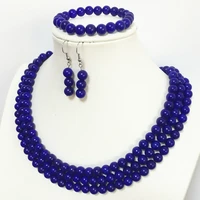 hot sale blue lapis lazuli 8mm round beads charms elegant 3 rows necklace bracelet earring best gift jewelry set 17 19inch b1516