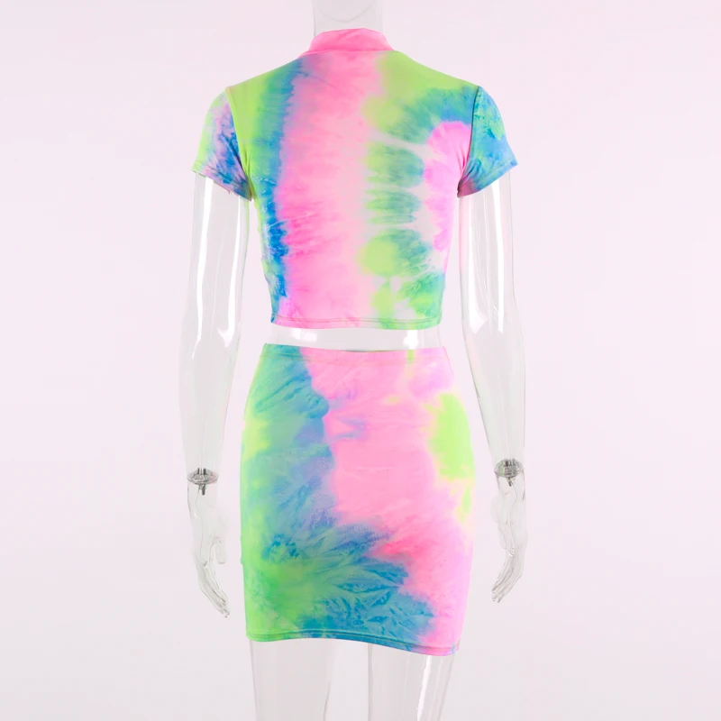 Hugcitar short sleeve crop tops shorts tie dye print colorful 2 piece set summer women fashion club streetwear sets
