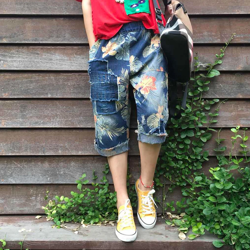 Retro print patchwork sttch Elastic waist pocket Wide leg pants jeans 2018 mori girl | Женская одежда
