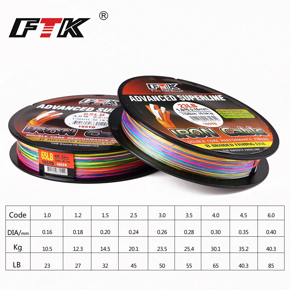 

FTK Fishing Line 150M Lines 8 Braided Mutil Braided Wire 1.0#-6.0# Code 23-85LB 0.16MM-0.40MM DIA/mm Super Abrasion Resistance
