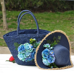 Women Straw Totes Hat Set Vintage Floral Beach Bags Fashion Summer Blue Bags Straw Hat Handmade Flower Bags for Travel Holiday