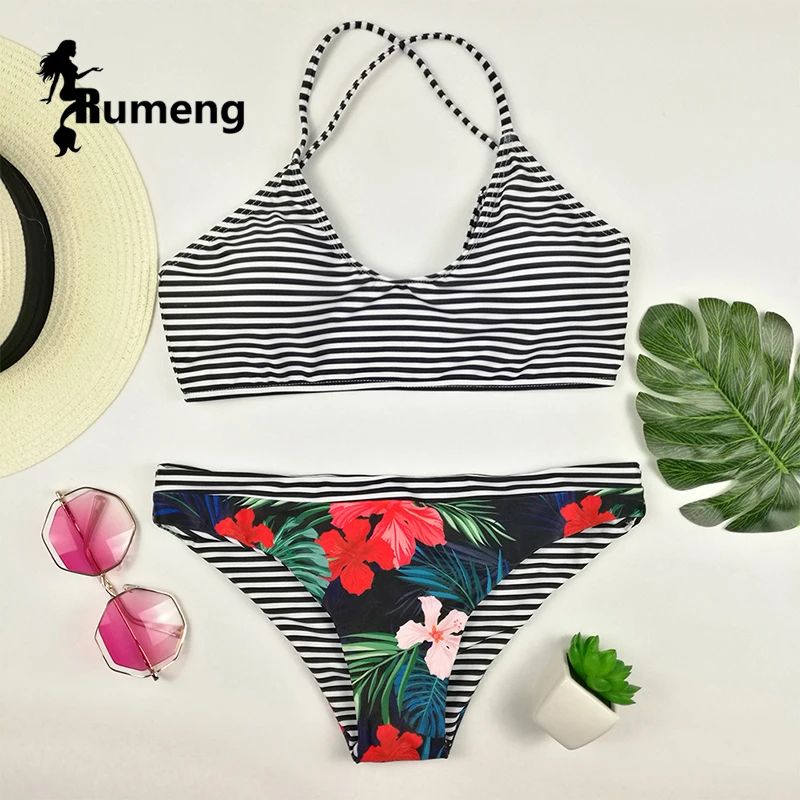 RUMENG New 2018 Low-waisted Printed Bikini Set Striped Swimsuit |