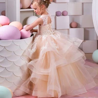 gorgeous champagne ball gown puffy tulle flower girl dresses lace appliqued ruffles tiered holy first communion kids formal gown