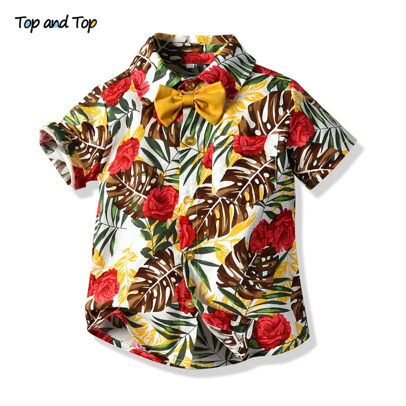 Top and Hawaiian Boy Summer Clothing Set 2019 Kids Short Sleeve Floral Bowtie Shirt+White Shorts 2Pcs Suit Children |