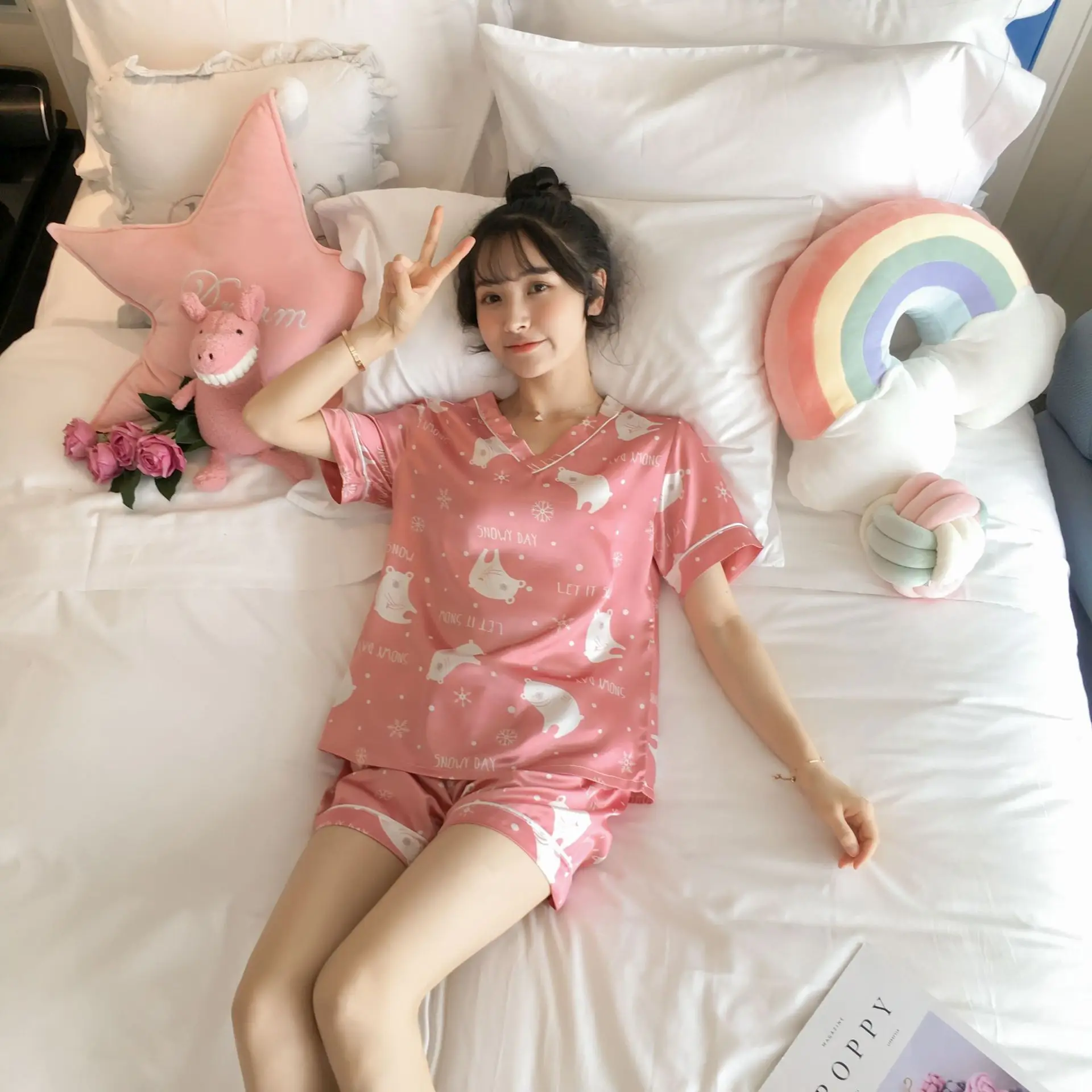 F Pajama girls summer ice silk short sleeves two pieces of suit Korean fresh sweet lovely students thin silk home clothes - Цвет: F