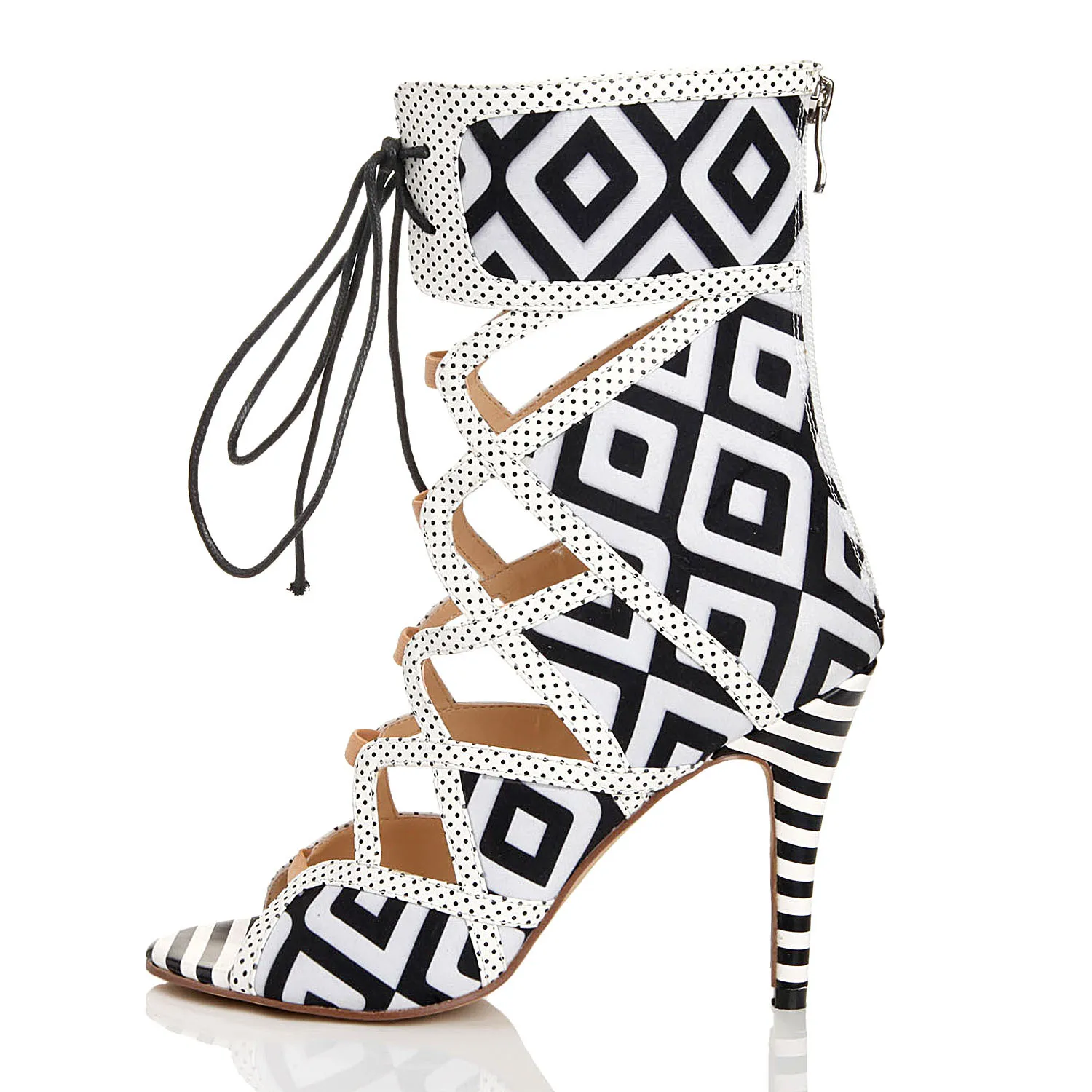 

European And American Fashion Boots, Black And White Fish Mouth Boots, Korean High And Low Boots, Night Club, Hollowed Out Boots
