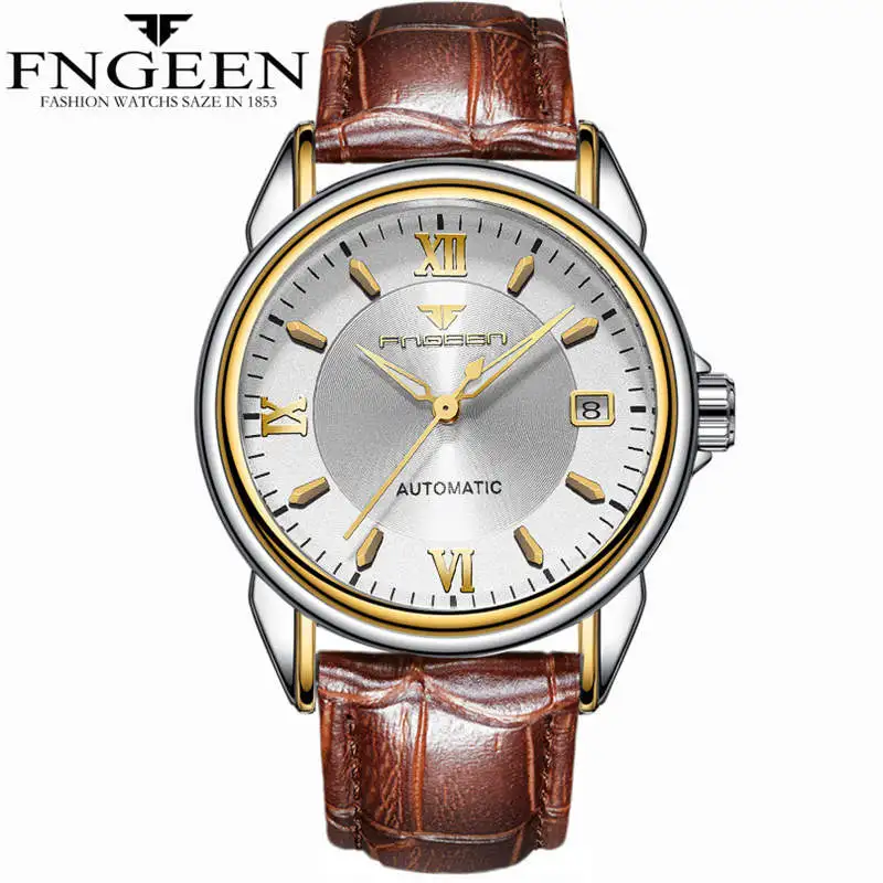 leather 12 FNGEEN часы механические Автоматические часы золотые нержавеющая сталь мужские наручные часы Прозрачный Скелет циферблат Мужские часы бренд класса люкс - Цвет: leather 12