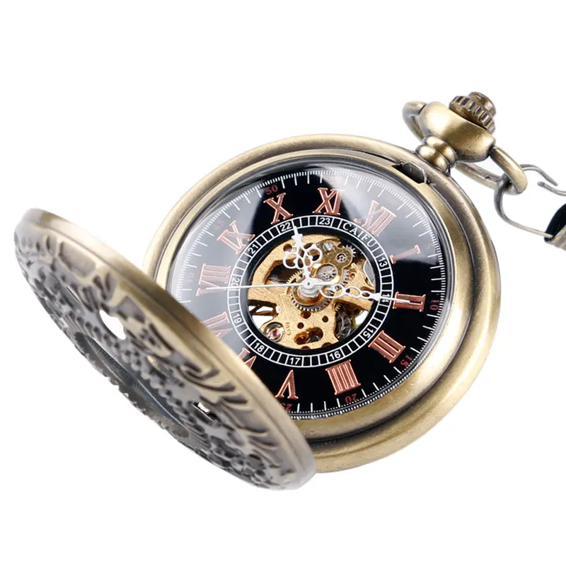 Special Bronze Mechanical Pocket Watch Roman Number Half Hunter Fob Watches Hole Watch Men Steampunk Skeleton Relogio De Bolso