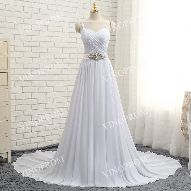 

100% Real Sample Sexy Backless Wedding Dresses Chiffon Sweep Train Spaghetti Straps Beach Bridal Gown 2021