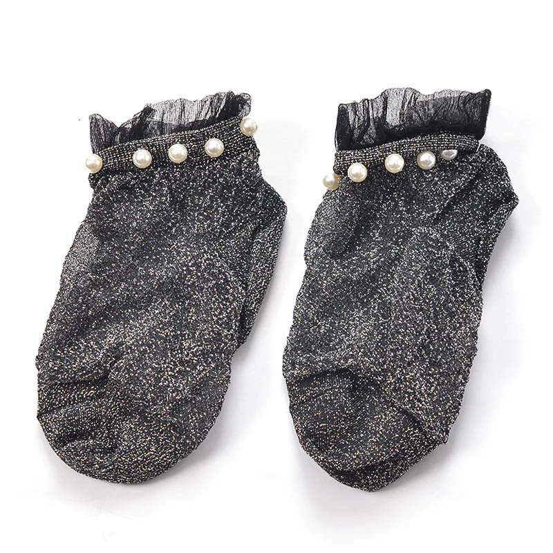 1 Pair New Fashion Women Ankle Socks Girl Lady Glitter Shiny Pearl Sock Lace Mesh Thin Bead Gauze Transparent Soft Comfy Sox | Женская