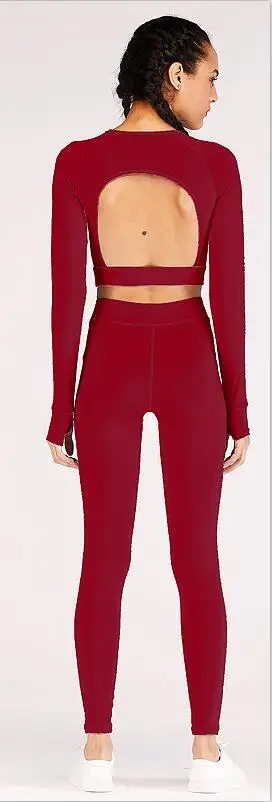 Красный Однотонная женская спортивная одежда, комплект для тренировок, костюм для йоги с длинным рукавом и вырезами, укороченный топ и леггинсы, комплект из 2 предметов, костюм для фитнеса, спортивная одежда для женщин - Цвет: Красный