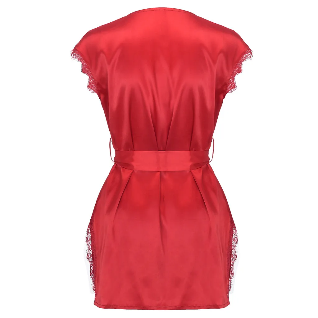 Short Sleeve Robe Women Satin Pajama Sexy Night Dress With Belt Nighties Nightgown Sleepwear Nightwear Nightshirt Bathrobe