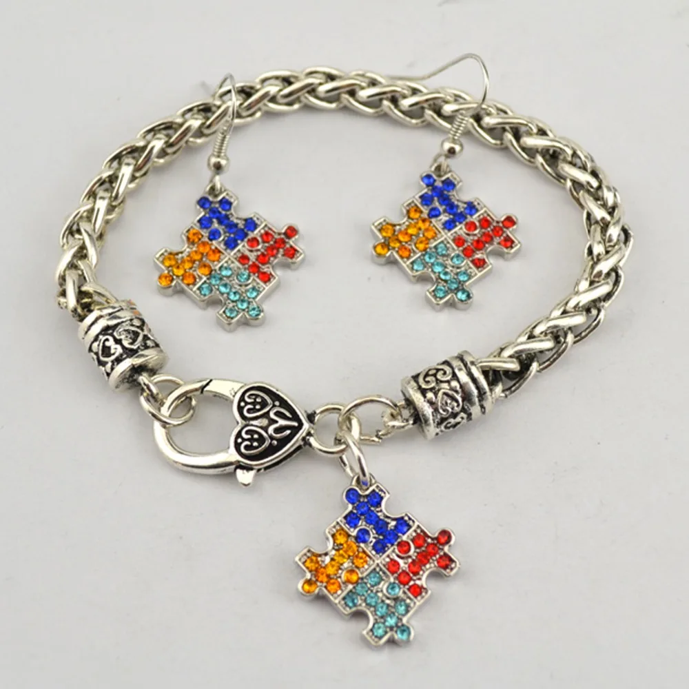 Fashion rhodium plated zinc studded with sparkling crystals Autism Awareness Puzzle Piece pendant Bracelet Earring set | Украшения и