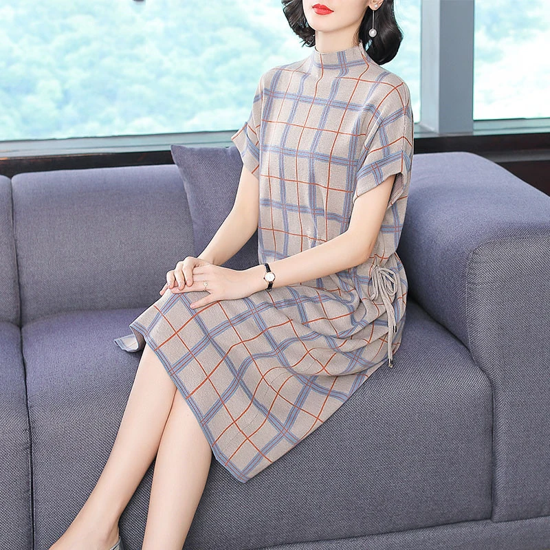 2018 осенняя одежда английский стиль дамы Стенд с коротким рукавом плед свободные