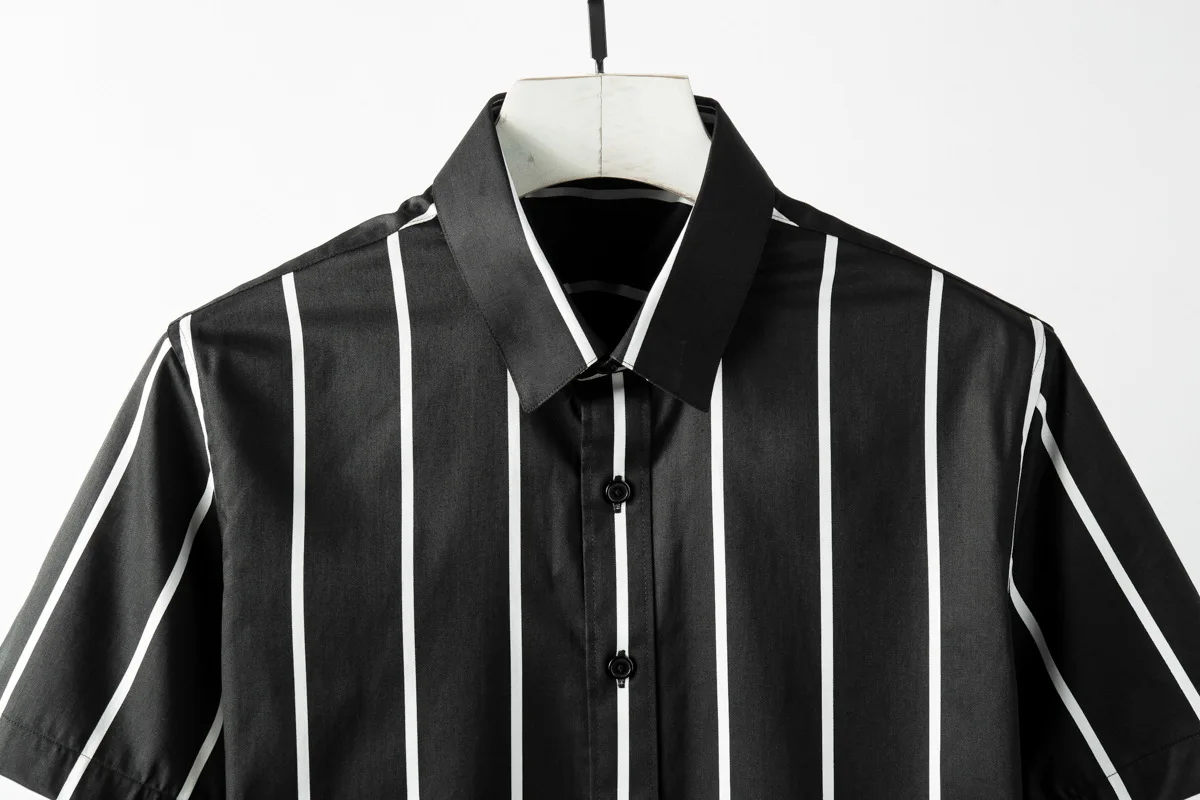 Мужская рубашка из 100% хлопка Модная белая черная в полоску мужская с коротким