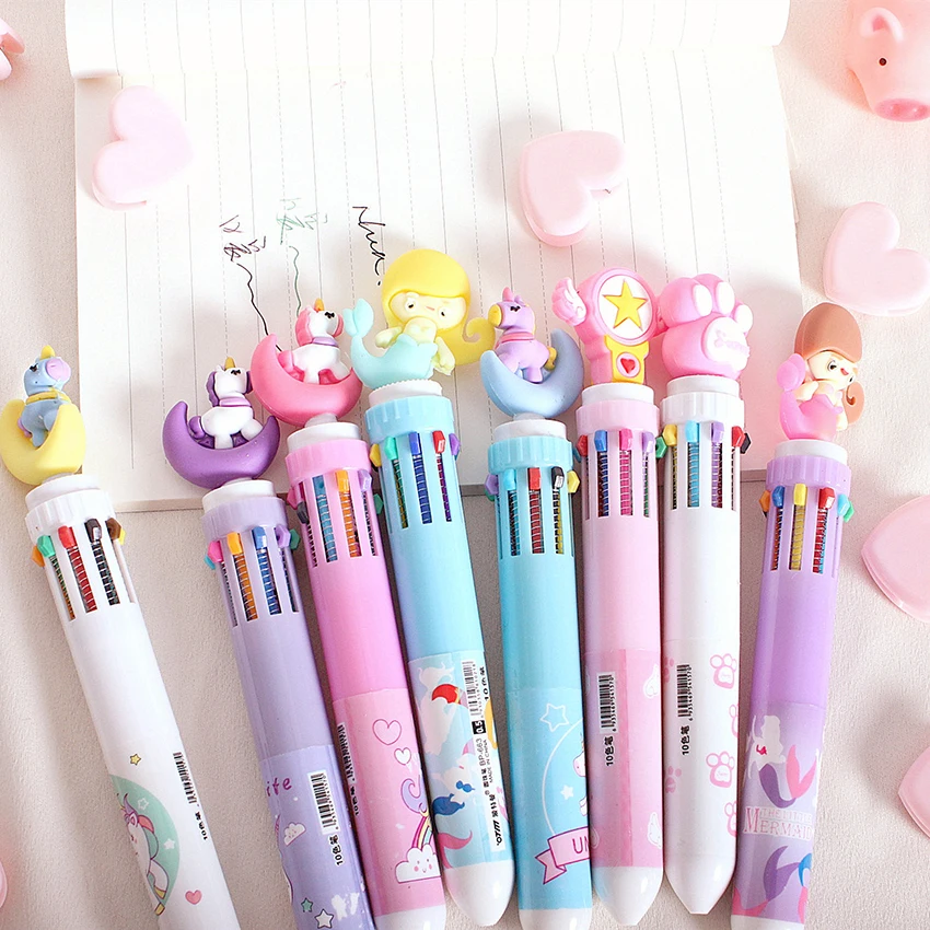 

Cartoon 10 in 1 Colorful Ballpoint Pen Press-type Writing Learning Marker Pen Stationery School Office Supplies Pupils Prizes
