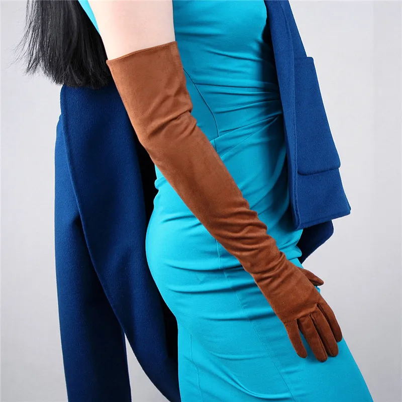 

Woman Suede Gloves Imitation Genuine Leather PU Gloves Female Unlined Keep Warm 60cm Long Suede Leather Mittens TB22-9