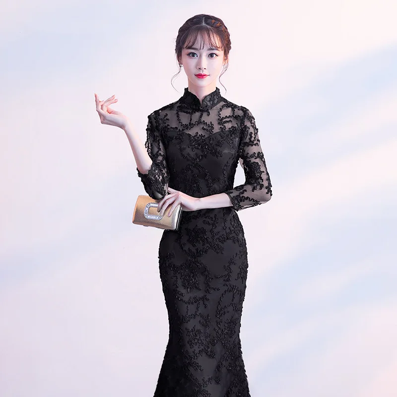 2018 черное китайское свадебное платье женское с длинным рукавом Cheongsam тонкое