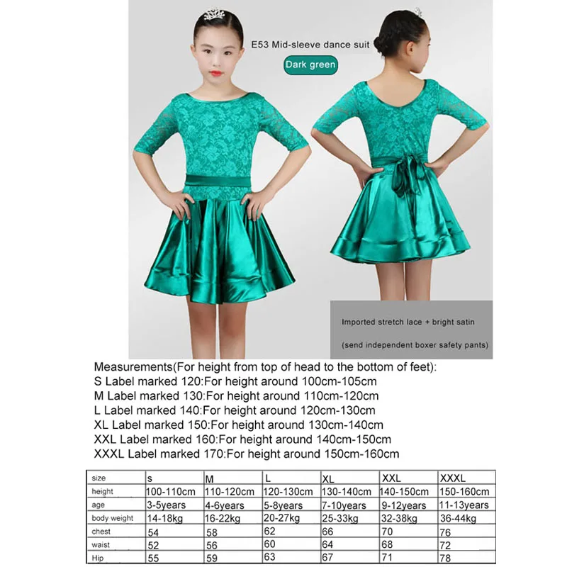 green medium sleeve Новое платье для латиноамериканских танцев для девочек, бальная юбка для девочек, платье для девочек, атласная яркая атласная ткань, танцевальная юбка, костюм, танцевальная одежда для соревнований - Цвет: green medium sleeve