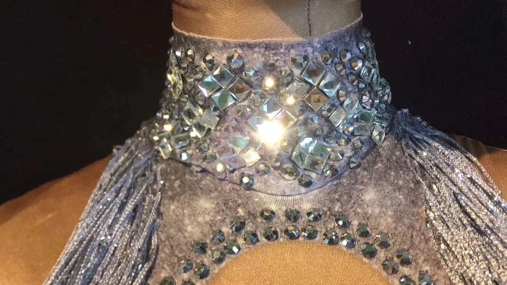 Nightclub Sexy Silver Tassel Bodysuit Sparkling Crystals Jumpsuit Birthday Party Stage Wear Dancer Singer Show Dance Costumes
