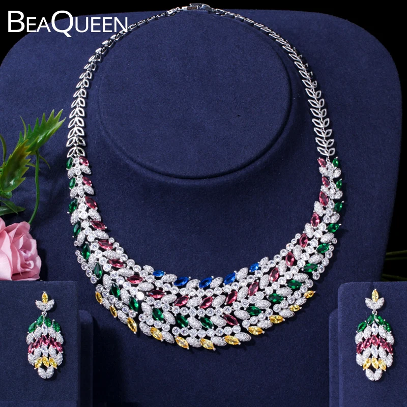 BeaQueen великолепное Африканское ожерелье серьги наборы свадебных ювелирных изделий Многоцветный кубический цирконий женские свадебные укр...