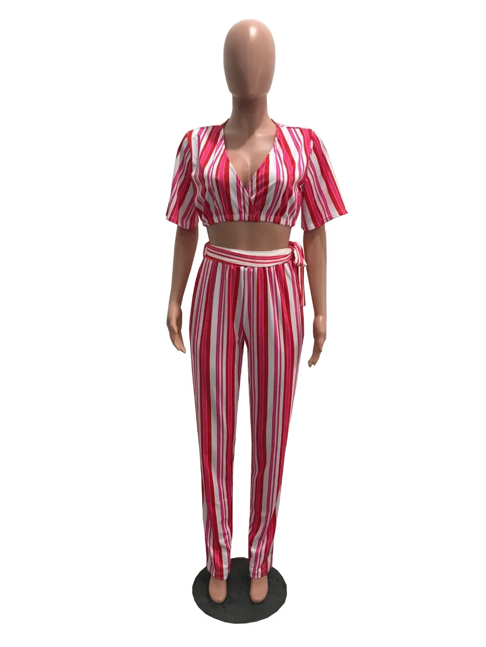 

V Neck Short Sleeve Top With Pants Striped Print Women Fashion Outfits Women Suits