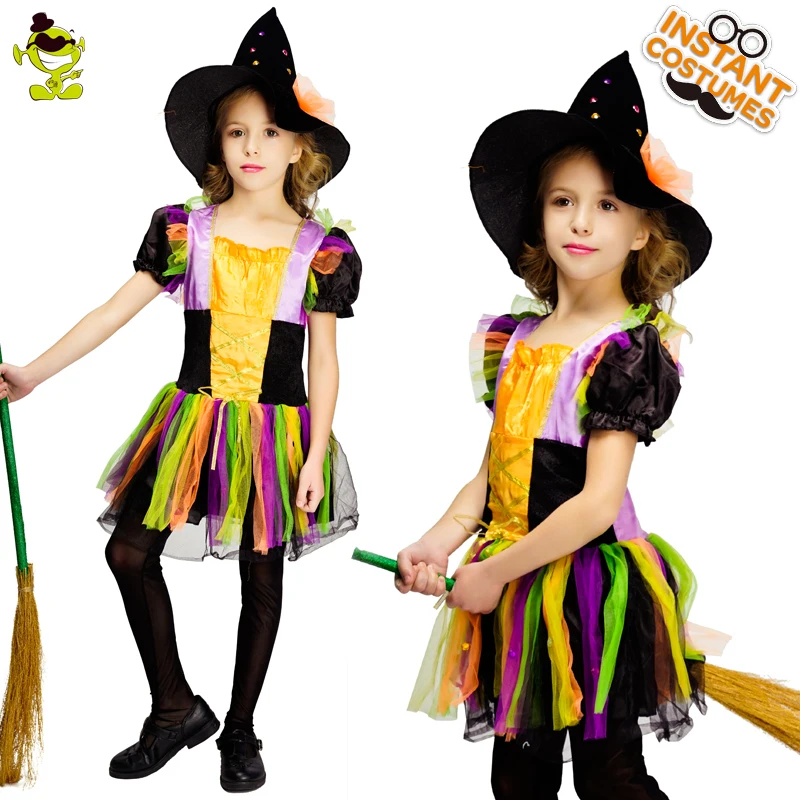 

Girl's Colorful Witch Costume Halloween Party Fancy Dress Up Purim Kids Role Play Wizard Outfits for Children's Gifts