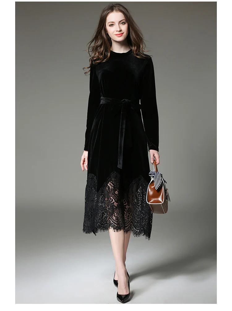 Весенне-осеннее велюровое платье для женщин с длинным рукавом и поясом кружевное
