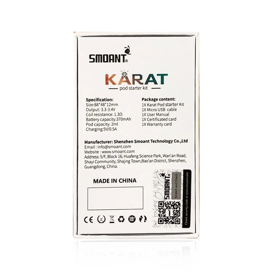 Оригинальный Smoant Karat Pod Starter Kit 370 мАч Батарея с 2 мл Quarzt катушка для картриджа