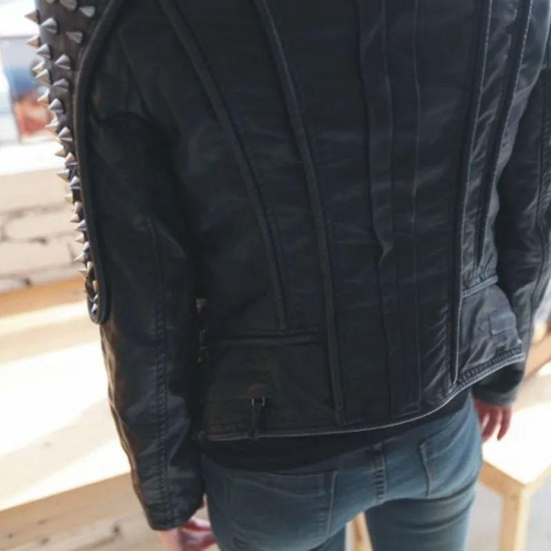 

Casaco Feminino Leather Jacket Spikes Slim Fit Silver Rivet Metallic Jacket Top Quality Coats Women Motorcycle Jackets