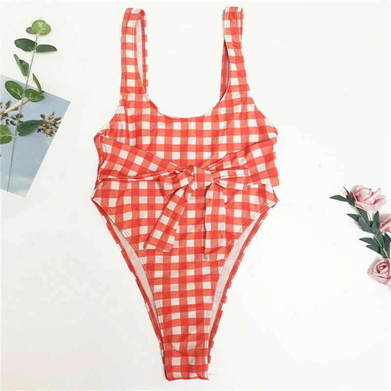 Женский цельный купальник в клетку бикини бандаж пуш ап монокини купальный