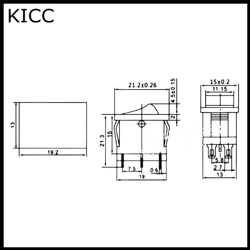 

15*21MM Rocker Switch Black KCD1-106 KCD1-202 6Pin 3File Seesaw switch 6A250V 10A125V Power switch 5Pcs