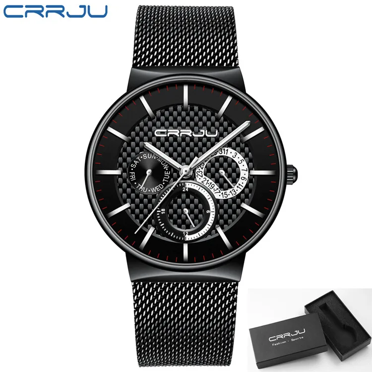 black silver Модные Бизнес Календарь часы для мужчин Топ бренд CRRJU часы 24 часа часы мужские повседневные наручные часы с нержавеющей стали - Цвет: black silver