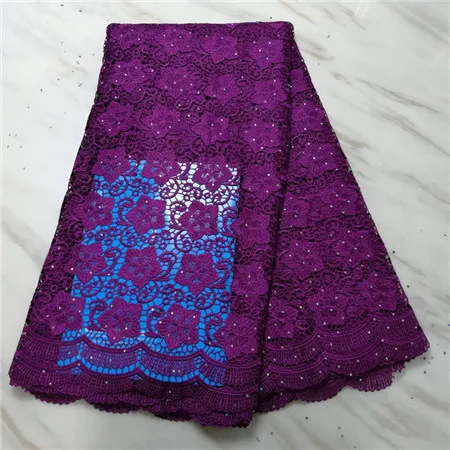 

Purple French guipure lace fabric, African water-soluble high quality lace with stone African cord lace fabric 5 yards wedding d