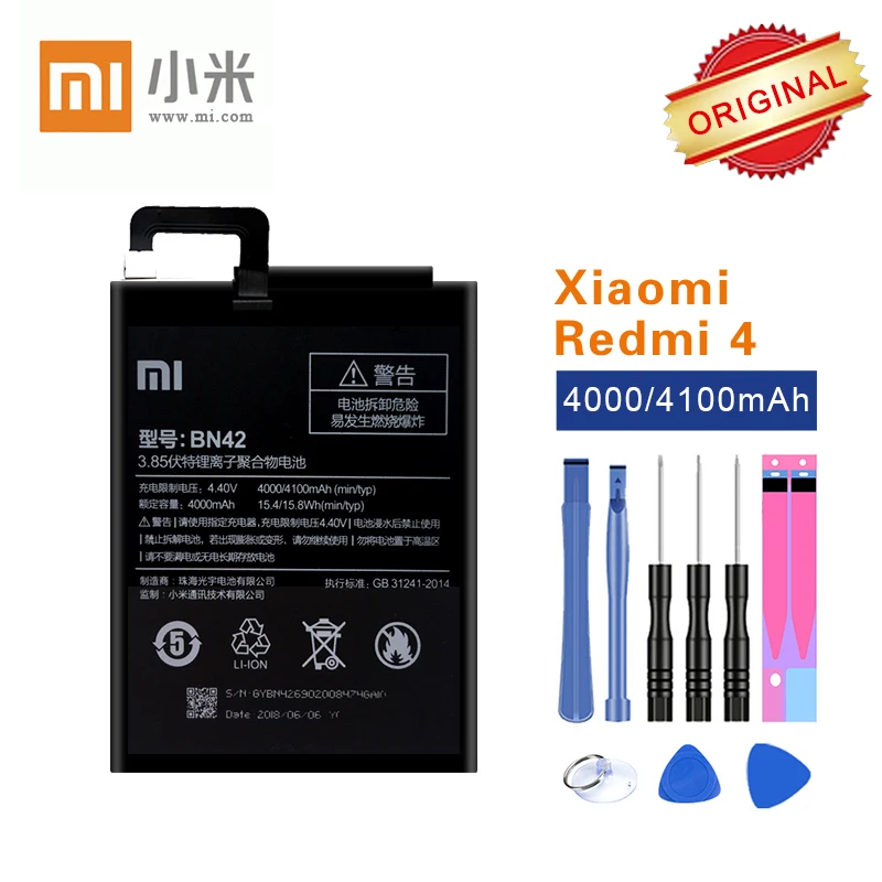 Оригинальный Xiao Mi аккумулятор BN42 для Xiaomi Redmi 4 Hongmi Redrice4 4000/4100 мАч литий ионный с 8