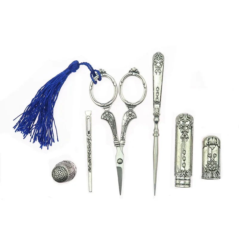 

5pcs/ Set Vintage Silver Embroidery Sewing Scissors Gift Thimble Needle Case Awl Tailor's Scissors JDD01
