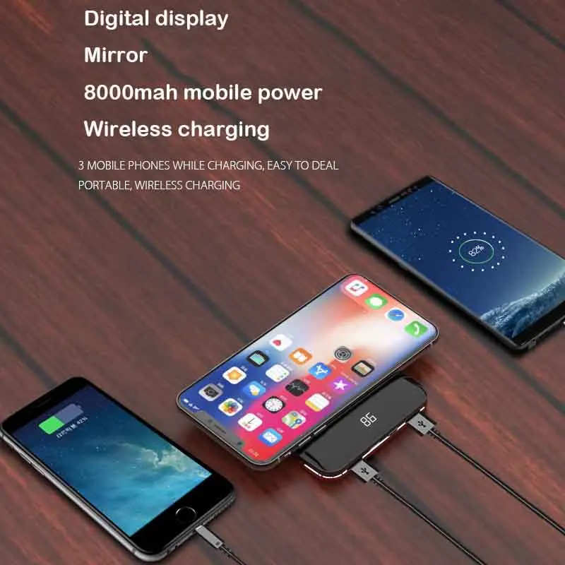 Внешний аккумулятор зеркало 8000 мАч QI Беспроводное зарядное устройство 2 USB