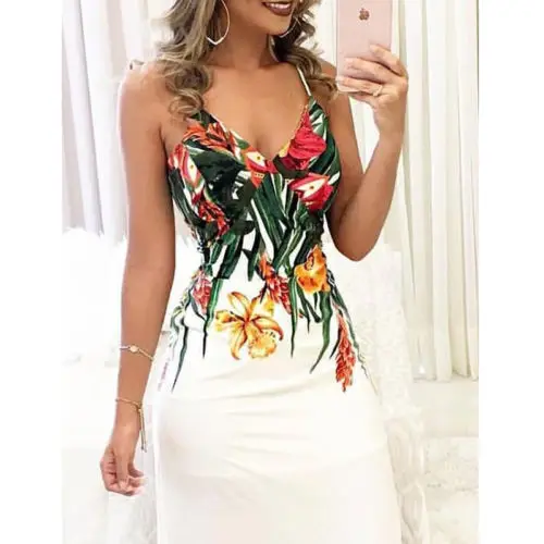 

Fashion Women Summer Floral Sleeveless Strap V neck Boho Dress Casual Long Maxi Evening Party Beach Dress Sundress