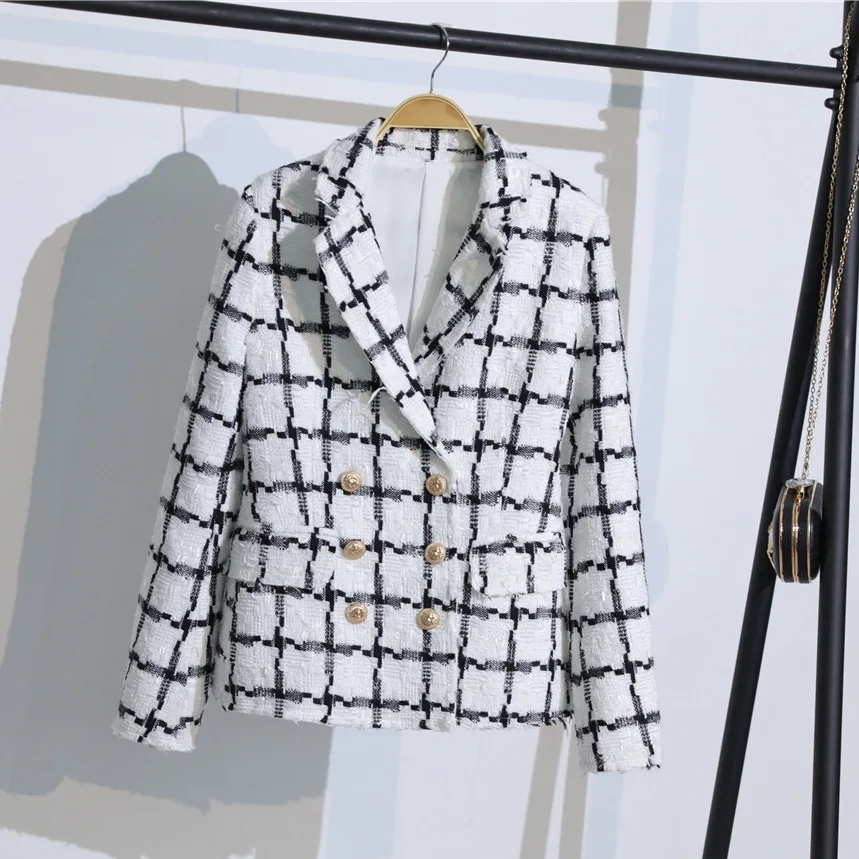 white coat Черно-белый клетчатый твидовый костюм, женский элегантный двубортный костюм с бахромой, женский длинный пиджак, пальто+ шерстяная юбка, OL наборы - Цвет: white coat