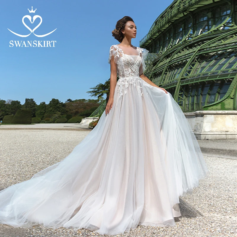 Swanskirt/кружевное свадебное платье трапециевидной формы с аппликацией и рукавами-крылышками; коллекция года; винтажное платье для невесты принцессы с цветочным узором для девочек; Vestido de Noiva; F106