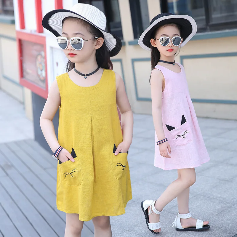 

Summer Girls Round Neck Solid Color Princess Cute Sweet Sleeveless Vest Dress Fashion Dress for 4 6 8 10 11 12 13 14 Years