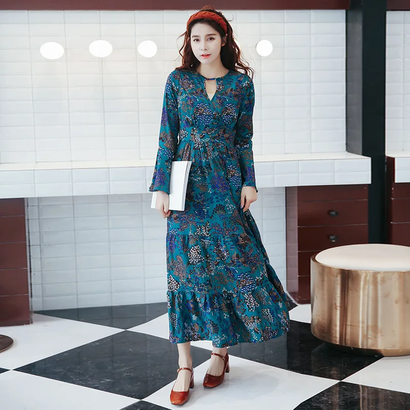 2017 весна женщины dress vintage элегантные длинные flare рукавом vestidos ретро midi шифон