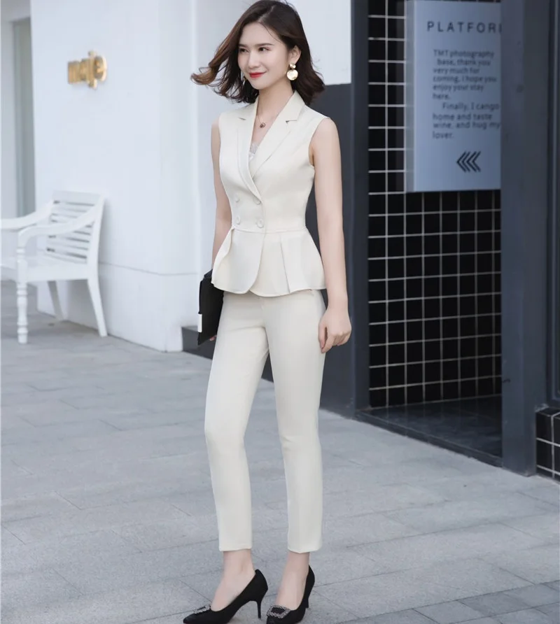 Женские деловые костюмы из двух предметов жилет и красные женские брюки топ