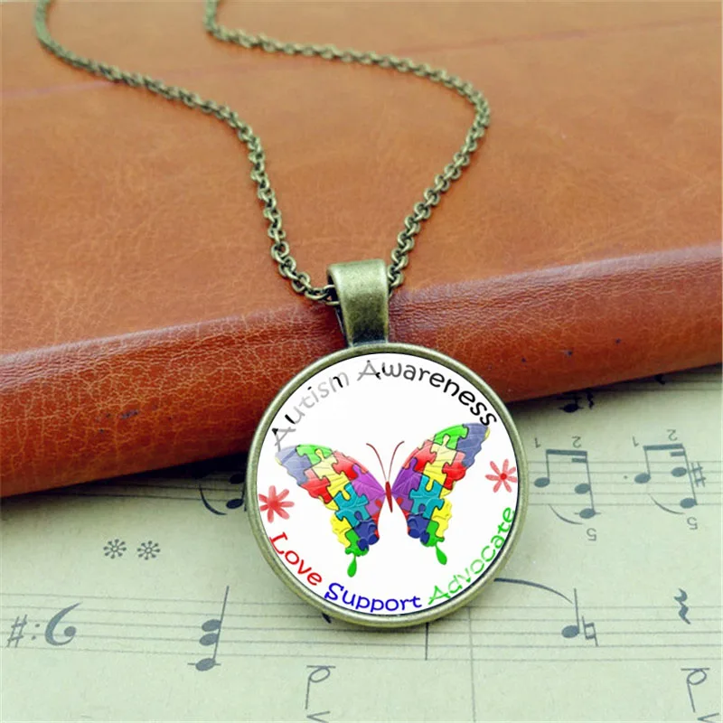 XUSHUI XJ authism Awareness Butterfly Photo Tibet серебряный Кабошон стеклянный кулон цепочка ожерелье