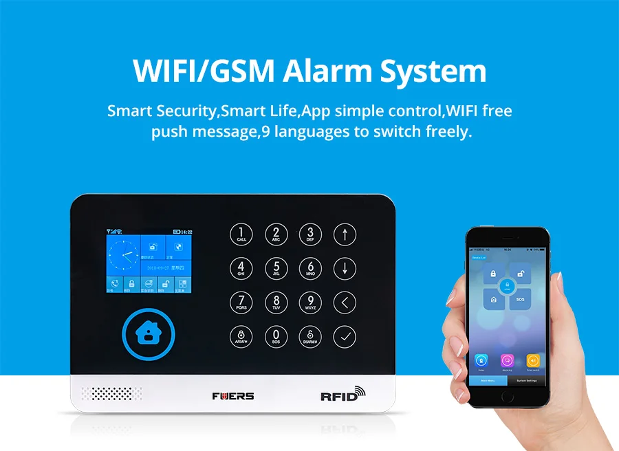 FUERS WG11 GSM беспроводная домашняя охранная сигнализация приложение управление сирена детектор движения датчик дыма 9 язык переключаемый